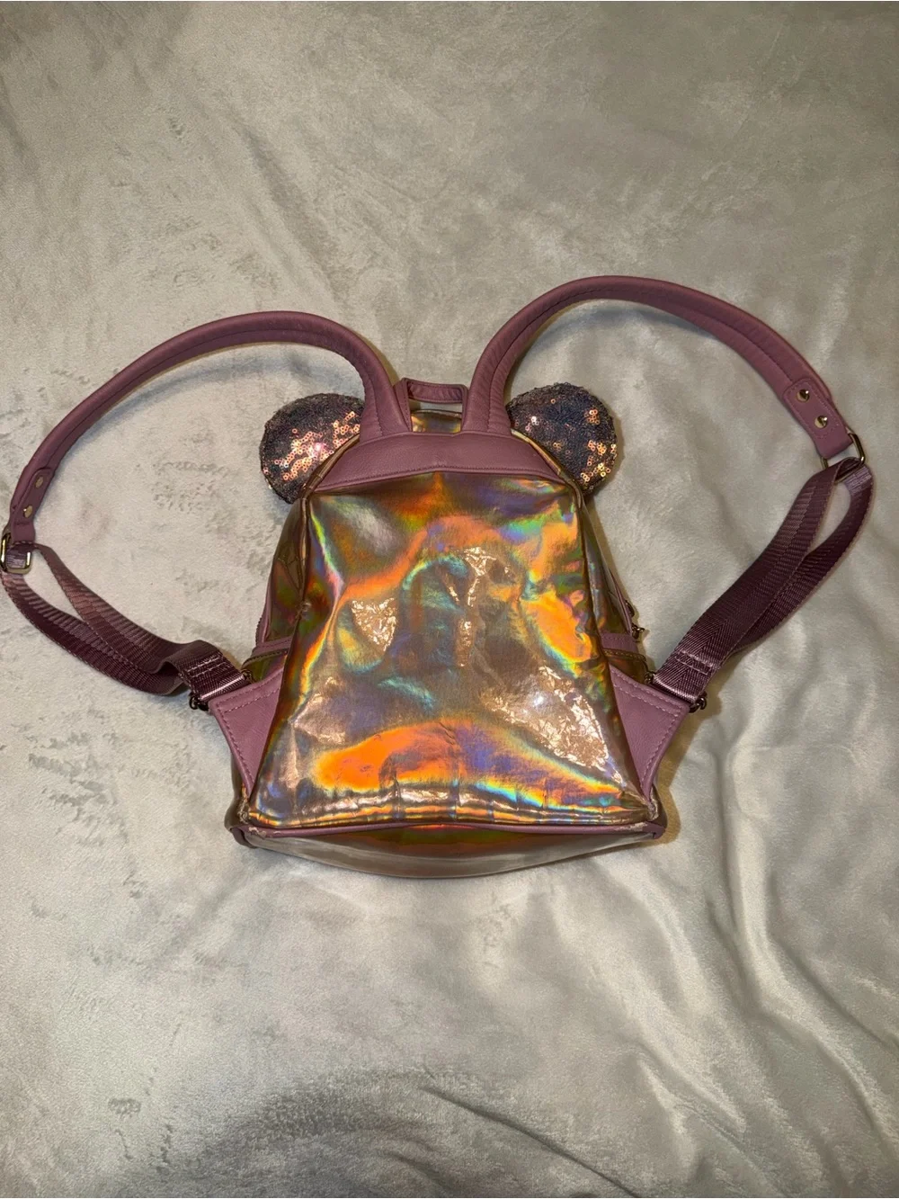 Loungefly Disney Parks Iridescent Pink Holographic Mini Backpack with Sequin Bow